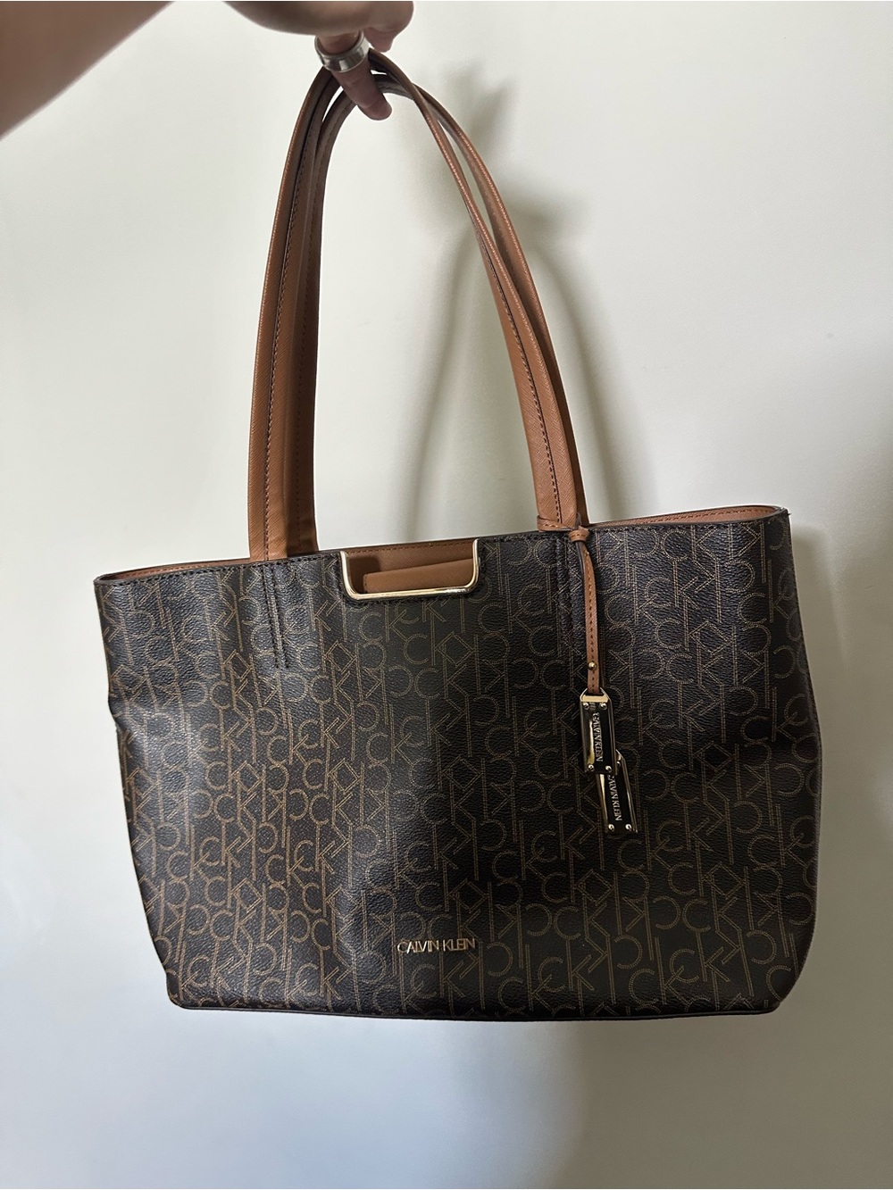 Calvin Klein Dark Brown Monogram Tote with Tan Straps NWOT - Picture 4 of 11